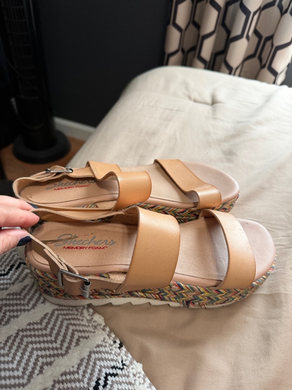 Skechers Tan Platform Espadrille Sandals with Multicolor Braided Sole